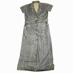 VTG Liz Claiborne Lizwear 14 Full Button Belted Medium Wash Short Sleeve Dress